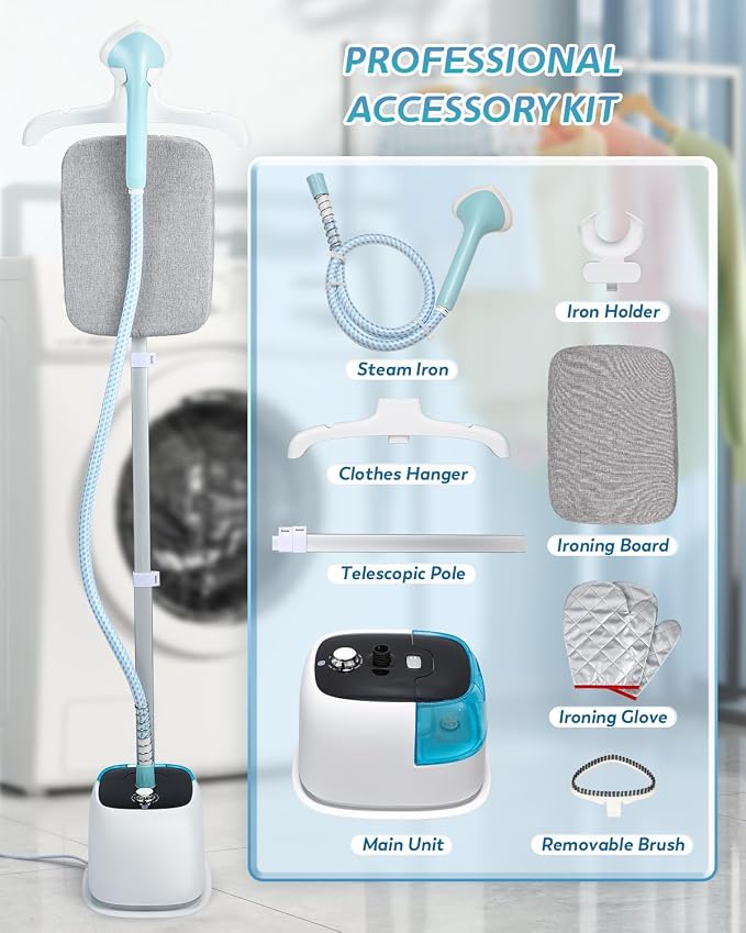 Standing Garment Steamer for Clothes 1350W Aluminum Heating System for 1 Hour Powerful Steam, Heats in 30s, 10 Levels Steam Control, Flat & Hanging Ironing, with Ironing Board, Gloves, Brush