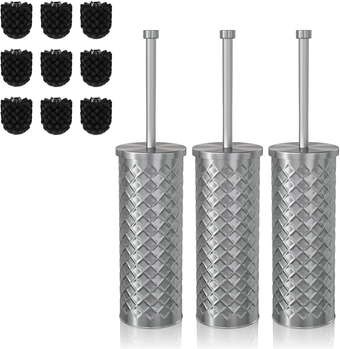 Toilet Bowl Brush and Holder Set 3 Pack with 6 Extra Brush Heads | Extra Long Handle with Splash Guard Cover, Tool-Free Installation, Bathroom Space-Saving, Cleaner Sets for Apartments, RV (Silvery)