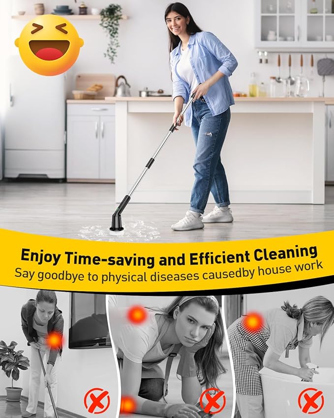 Shower Scrubber with Long Handle, Bathroom Cleaner Brush with IPX7 Waterproof, Cordless Electric Spin Scrubber for Cleaning with 2 Speed, Cleaning Supplies for Bathtub Kitchen Floor Tile Toilet
