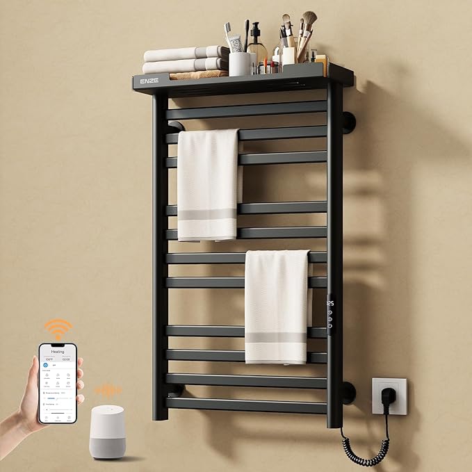 ENZE Smart Heated Towel Rack, 11-Bar Wall-Mounted Electric Towel Warmer with Shelf, Wi-Fi App Control, Adjustable Temperature & 24H Timer, Low Carbon Steel, IPX5, Plug-in/Hardwired, Matte Black