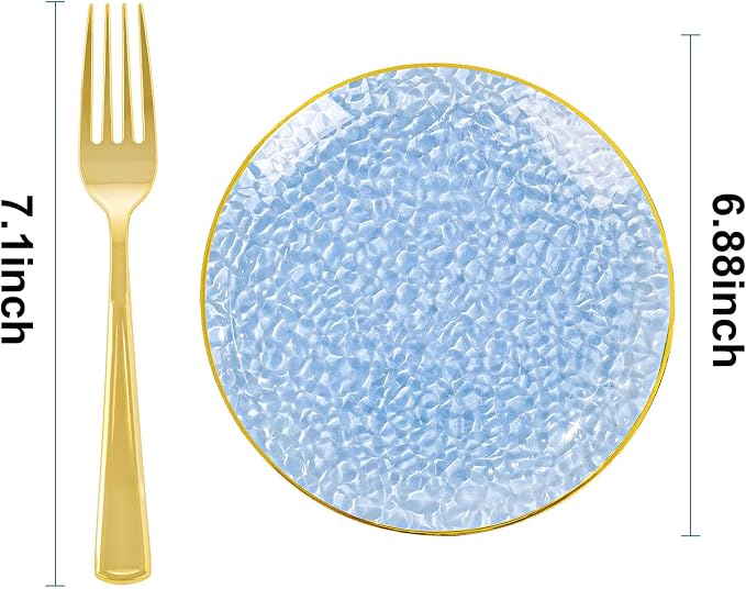 DaYammi 240Pcs Blue Dessert Plates Set Including 120Pcs Blue Cake Plates and 120Pcs Gold Forks,Hammered Party Plate,Gold Rim Appetizer plates Heavy duty Disposable Plastic Plate for Wedding Birthday