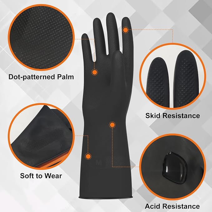 Beieverluck 10 Pairs Chemical Resistant Gloves, Reusable Heavy Duty Rubber Work Gloves with Textured Palm, Black Cleaning Dishwashing Gloves, Medium