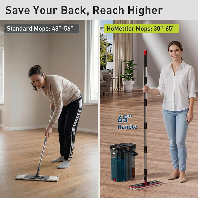HoMettler 3-Tank Transparent Mop and Bucket Set with Separate Dirty & Clean Water, 65" Flat Mop for Floor Cleaning, 4 Machine Washable Microfiber Pads for Wood Tile - Black