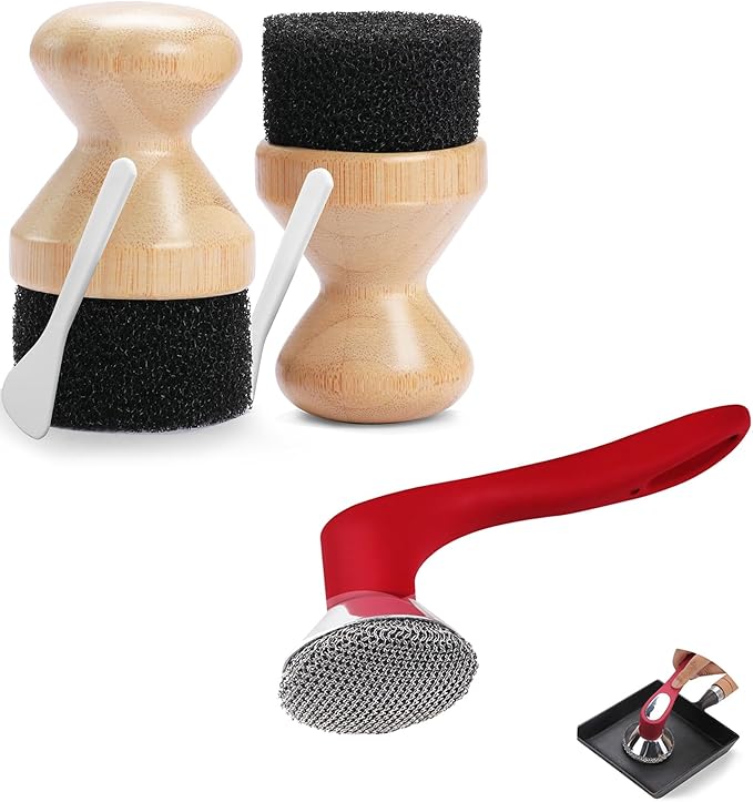 2pcs Cast Iron Oil/Wax/Conditioner Applicator+Cast Iron Cleaning Scrubber Brush-Cast Iron Care Accessories