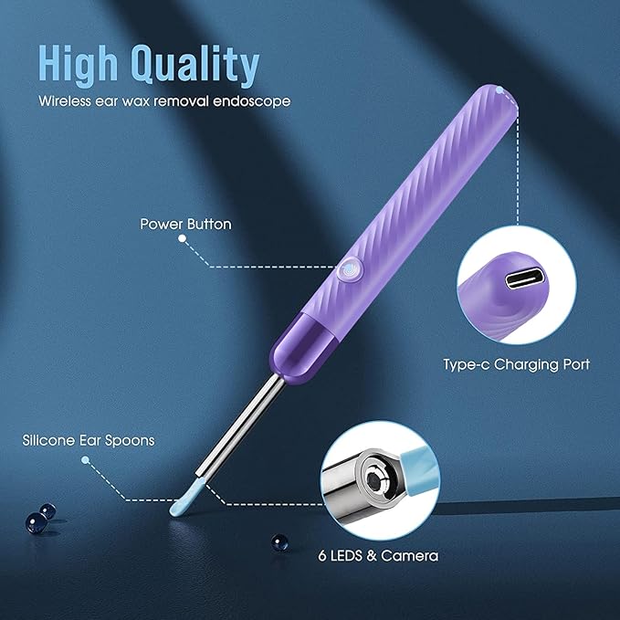 LEIPUT Ear Wax Removal Tool - Ear Cleaner with 1080P Camera - Ear Canal Cleaner - Ear Cleaning Kit with 6 Ear Spoon - Ear Camera for iOS & Android - Birthday Gifts for Women - Purple