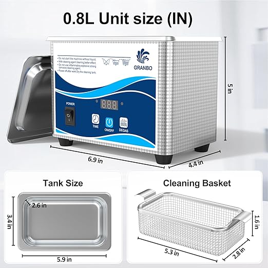 Granbo Ultrasonic Cleaner 800ML Jewelry Cleaner Ultrasonic Machine 40kHz with Digital Timer and Degassing,110V Digital Ultrasonic Parts Cleaner for Denture Dental Oral Irrigator Parts Glasses