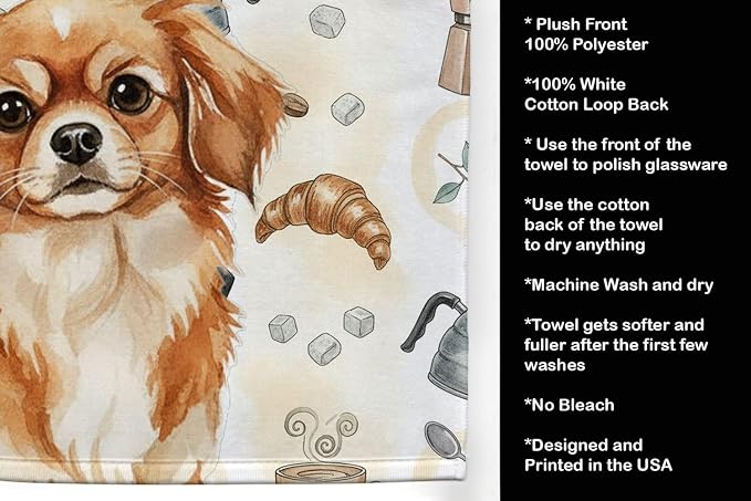 Caroline's Treasures Red Tibetan Spaniel Coffee Bar Kitchen Towel Velour Plush Front and Cotton Loop Back Machine Washable