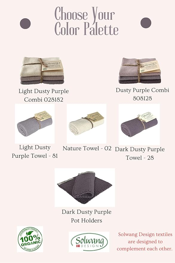 Solwang 3-Piece Danish Cotton Dishcloths in 100% Certified Organic Cotton Made in India (Dusty Purple Organic Combi)