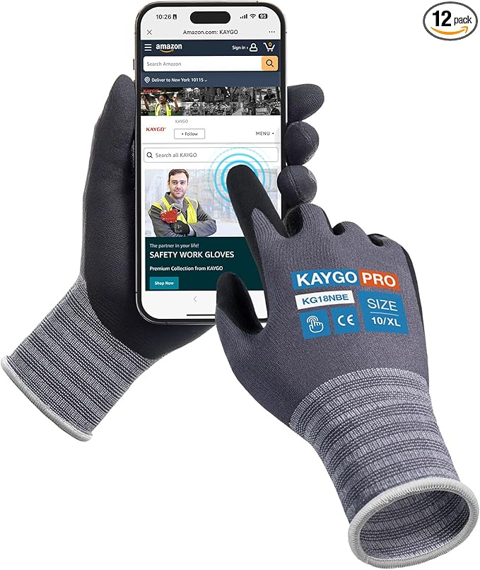 KAYGO Safety Work Gloves MicroFoam Nitrile Coated-12 Pairs KG18NB,Seamless Knit Nylon Glove with full fingers Touchscreen, Ideal for General Purpose,Automotive,Home Improvement, Black,XL