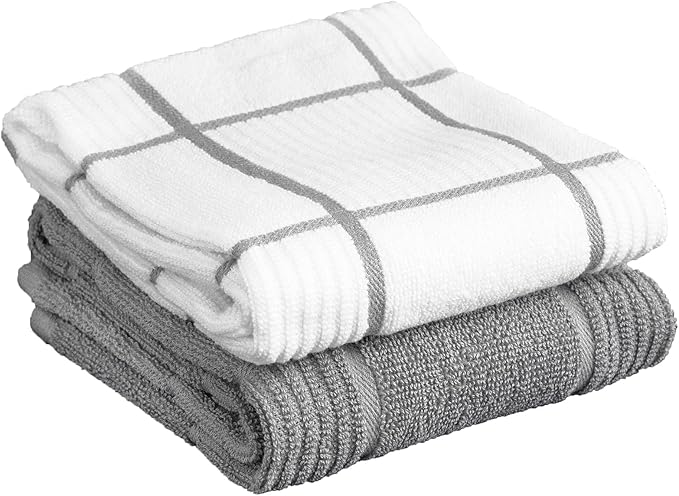 T-fal Solid & Checked Parquet Kitchen Towels: Highly Absorbent, Super Soft Long Lasting - 100% Cotton, 16"x26" Dish Towels for Cleaning & Drying Dishes, Pans, Glassware, or Countertops, (2-Pack), Gray