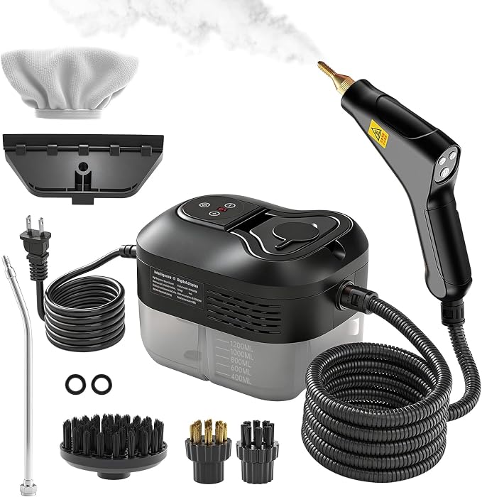 Pressurized Handheld Steam Cleaner, Portable Steamer for Cleaning with 1.2L Large Tank, 15s Fast Heat-Up, 6-Level Adjustable, Powerful Steam Cleaner for Home, Car, Kitchen, Tile, Grout(black)