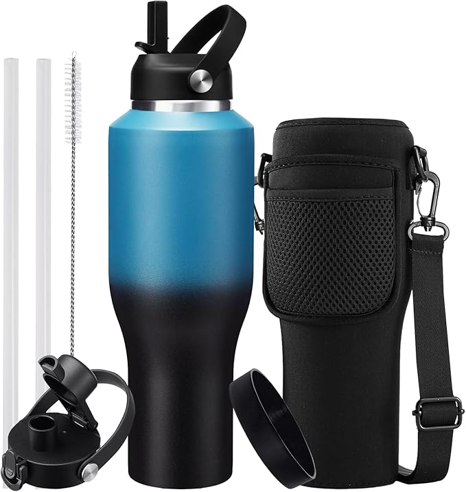 Insulated Water-Bottle 40oz with Sleeve - Vacuum Metal Insulated Flask Water Bottle Fits in The Car, Bike, Treadmill, Stroller, Golf Cart Cup Holder, Travel Coffee Mug, Cold for 48 Hrs, Hot for 24 Hrs