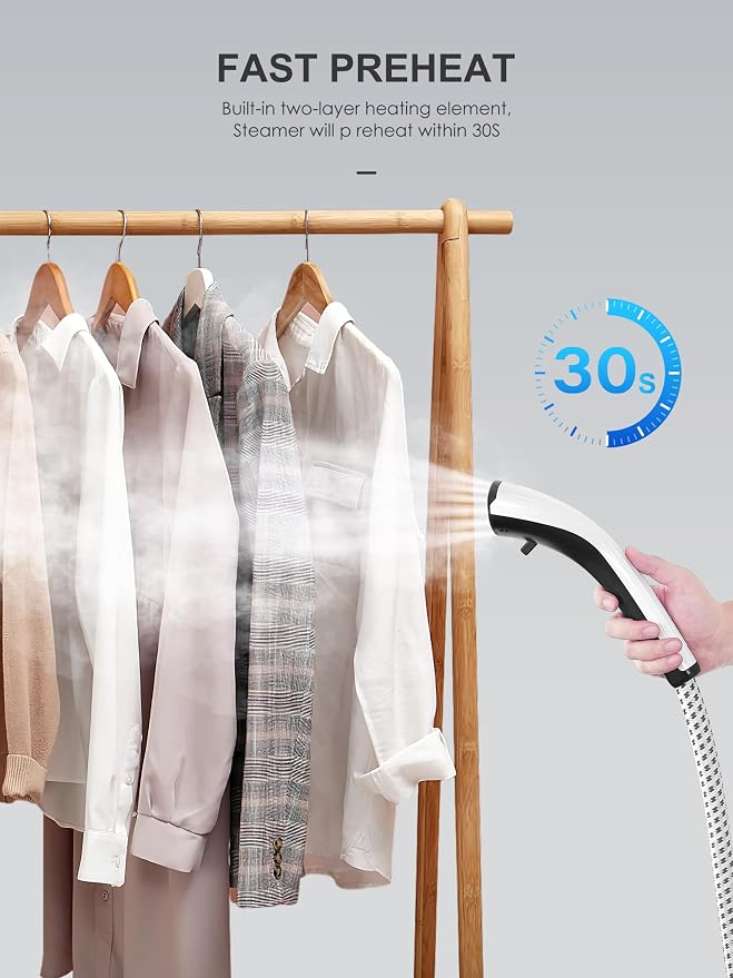 Professional Steamer for Clothes, Reemix Standing Steamer with Garment Hanger, Heats in 30 Seconds, Large Detachable Water Tank for 1 Hour Continuous Steaming, Includes Easy-roll Wheels, White