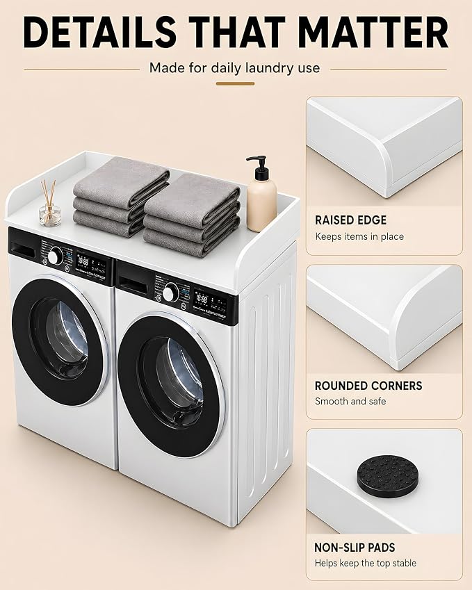 FlyGeneral Washer and Dryer Countertop, 54" Width x 27.5" Deep, White | Laundry Folding Surface for Clothes, Quick Install Design, Raised Edge Prevents Items Falling, Fits Front Load Washer Dryer