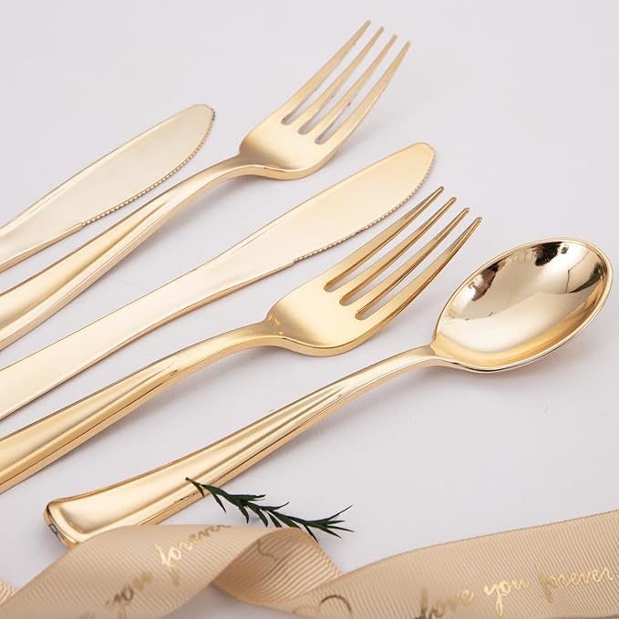 Liacere 200Pcs Gold Plastic Silverware-Gold Plastic Cutlery - Disposable Silverware include 100 Forks 50 Spoons 50 Knives Perfect for Parties & Weddings & Restaurants &Events