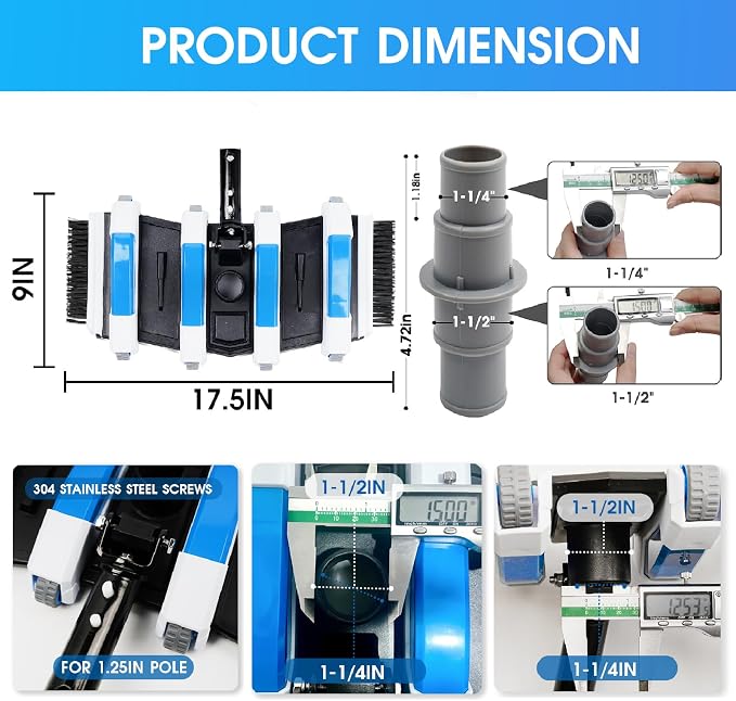 TidyMister Enhanced Pool Vacuum Head with Direction-Control Swivel Handle Kit Included 2X 1-1/4" or 1-1/2" Pool Hose Adapter Connector Coupling