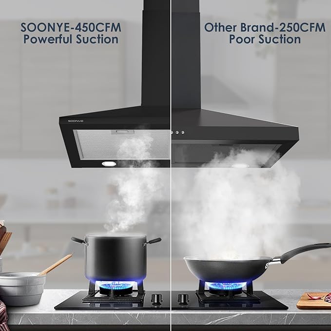 30 Inch Wall Mount Range Hood Ducted/Ductless Convertible Kitchen Exhaust Hood with 450 CFM Motor, 3 Speed Fan, LED Lighting and Dishwasher Safe Filters, Matte Black Painted Finish