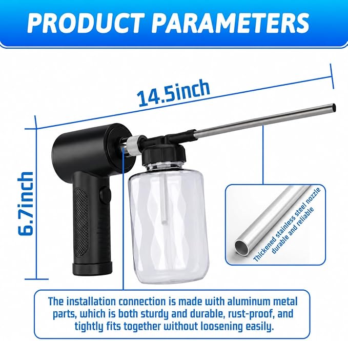 LURKA Electric Diatomaceous Earth Duster – Cordless Powder Duster with 500ML Bottle, 5.9" Stainless Steel Nozzle, 3-Speed Rechargeable Sprayer with Measuring Scoop & Silicone Funnel for Garden Use