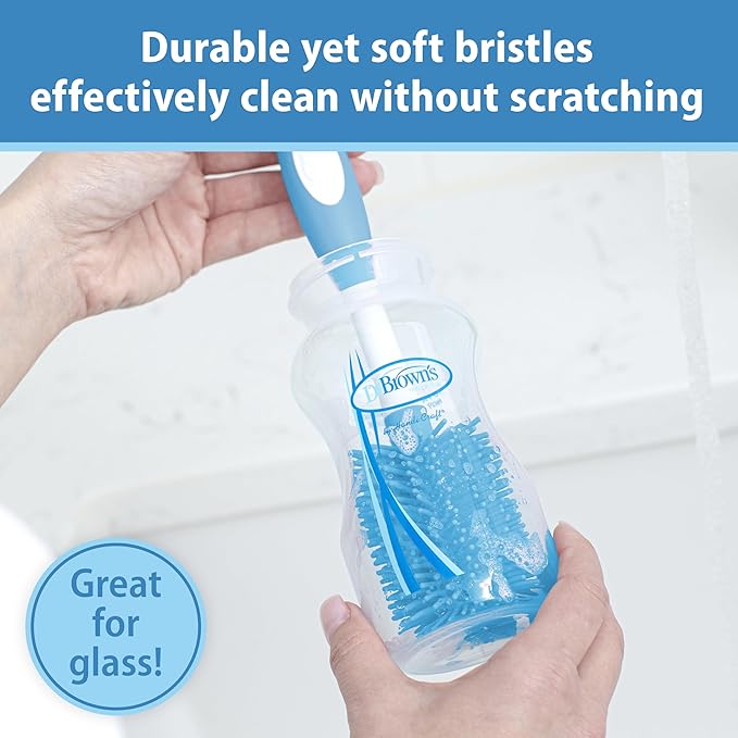 Dr. Brown's Soft Touch No Scratch Baby Bottle Cleaning Brush, Nipple Cleaner and Suction Cup Base for Easy Storage, BPA-Free, Blue, 2-Pack