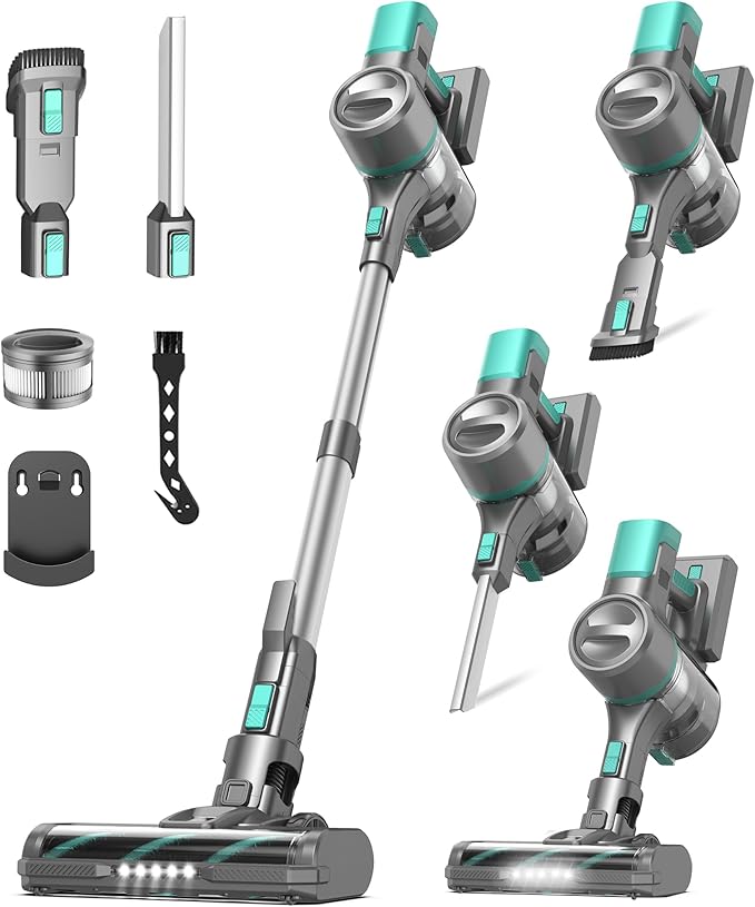 S10K Cordless Vacuum Cleaner, 55Kpa 60mins Lightweight Stick Vacuum with Powerful Suction for Home, Rechargeable, Self-Standing, Handheld Vacuum Cleaners for Hardwood Floors, Carpets, Green