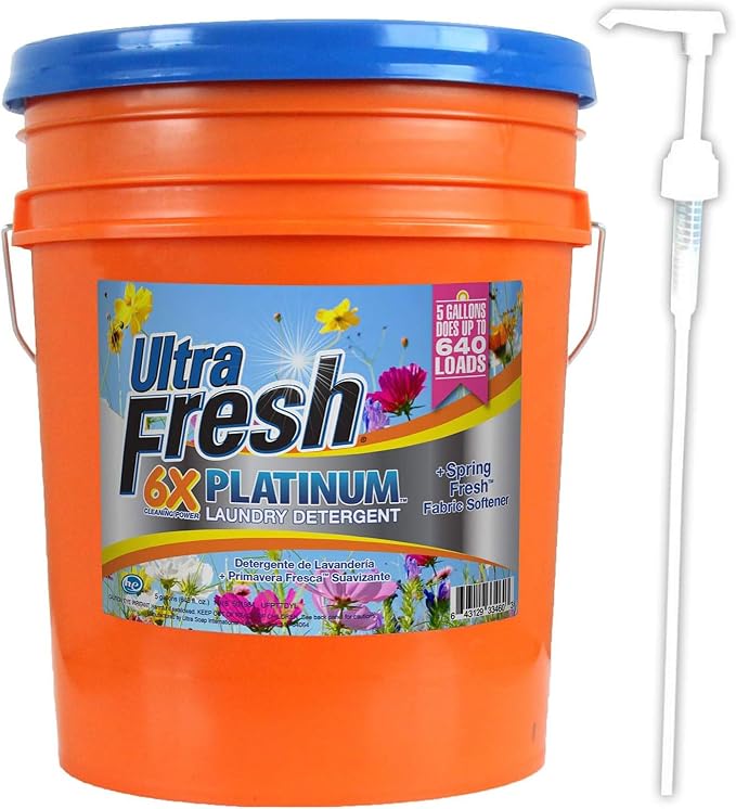 Ultra Fresh 5 Gallon Liquid Laundry Detergent Washing Soap with Spring Fresh Fabric Softener for All Machine Types, 6X Platinum, Up to 640 Loads