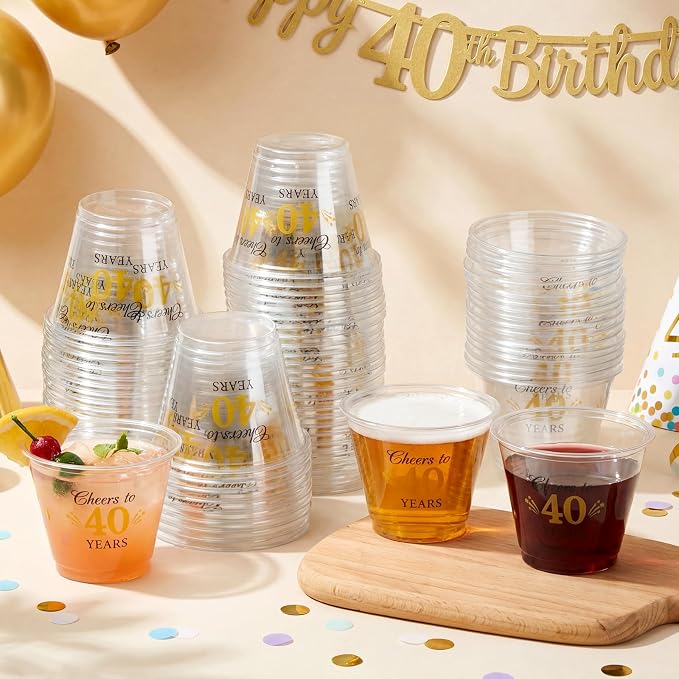 LemonRoad 100 Pack 40th Birthday Cup 9 oz Cheers to 40 Years Birthday Disposable Clear Plastic Cocktail Cups Hot Cold Beverage Drinks for Men Women Wedding Anniversary Decorations Party Favors
