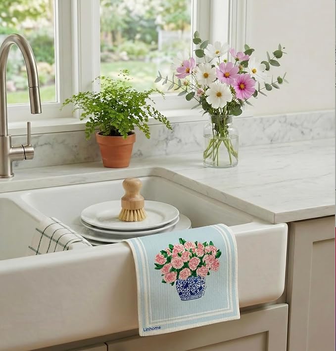 Garden Collection Swedish Dishcloth, Reusable Paper Towel, Super Absorbent Cellulose Sponge, Kitchen Cleaning Cloth, Washable & Compostable (Pink Peonies - 1 Pack)