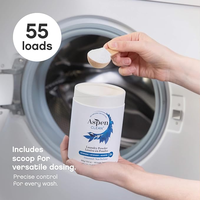 AspenClean Laundry Powder + Booster 2-in-1 Unscented 55 Loads Hyper Concentrated Stain & Odor Removal Enzyme Booster Non-Toxic 100% Natural EWG Verified