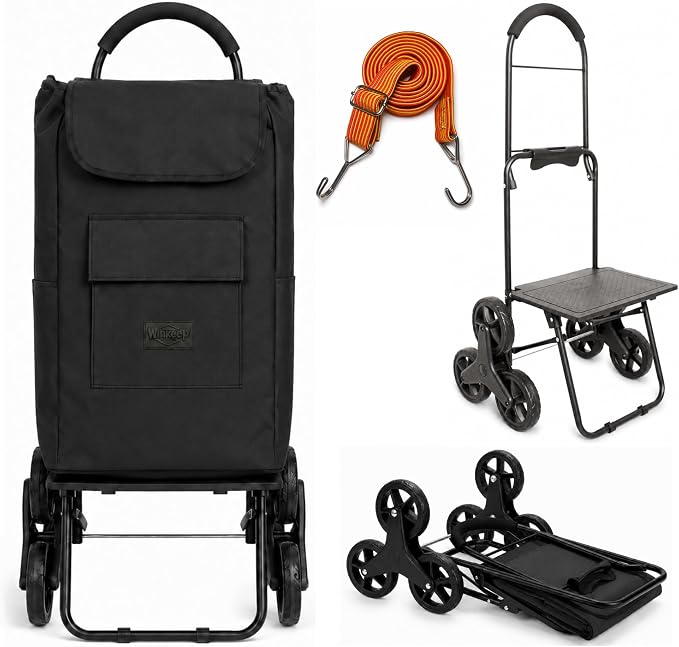 Shopping Cart, Super Loading Stair Climber 220 lbs Capacity, Grocery Foldable Trolley with Extra Large Shopping Bag Laundry Utility Cart with Adjustable Bungee Cord (Black)