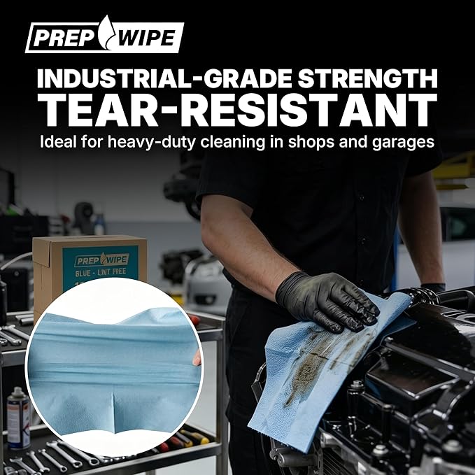Lint-Free Cleaning Towels | Heavy Duty, Solvent Resistant Wipes for Auto Body & Industrial Prep | 100 Pack, 9" x 17", Blue 26019