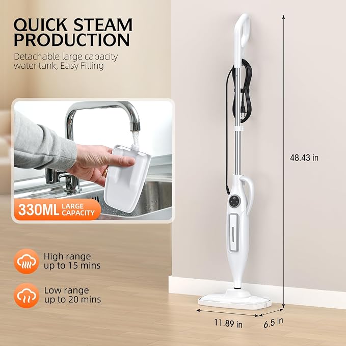 10-in-1 Steam Mop, Powerful Handheld Steam Cleaner for Home with 23FT Cord, Removable Water Tank, 266℉Deep Cleaning, 2 Steam Modes, Multi Purpose Steam Mop for Hardwood Floor, Laminate, Carpet