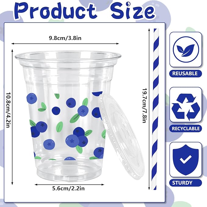 FYSUIMU 50 Pcs 12 Oz Blueberries with Leaves Plastic Cups with Lids & Straws Disposable Clear Drinking Cups for Wedding Birthday Baby Shower Party Supplies