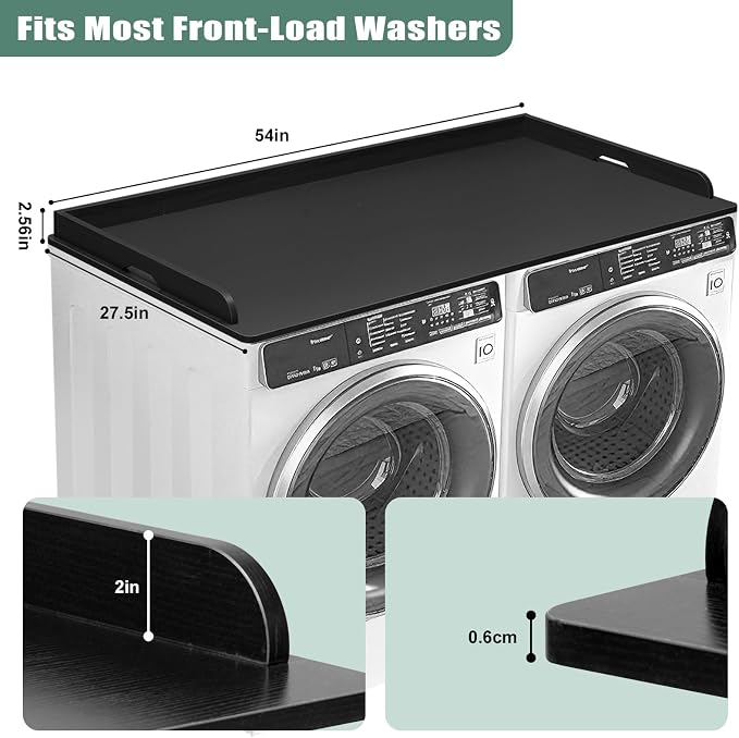 Washer Dryer Countertop, 54 x 27.5 Inch Washer Dryer Topper, Laundry Topper for Washer and Dryer, No Installation MDF Top with Raised Edge, Black