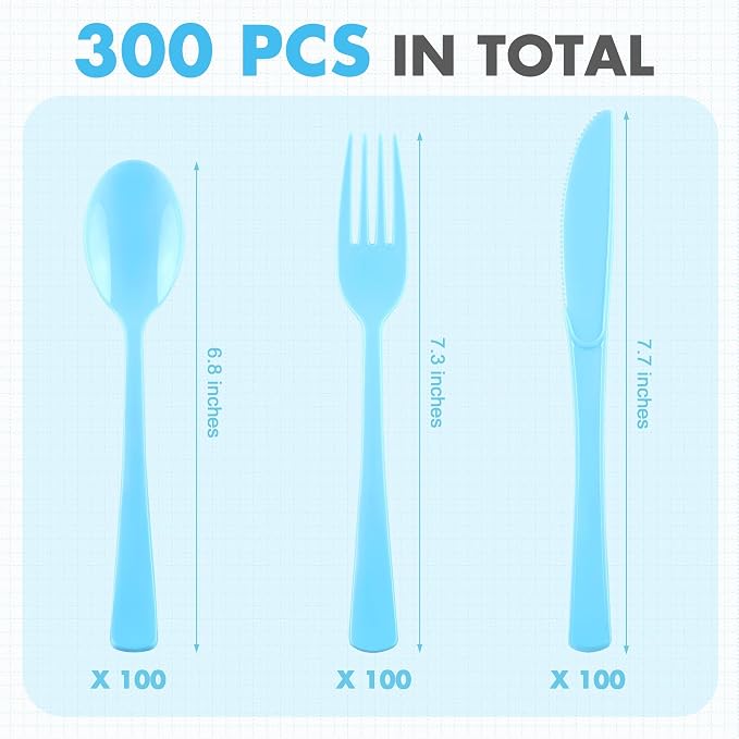 Kochorie 300 Pieces Graduation Light Blue Plastic Silverware, Disposable Plastic Utensils, Heavy Duty Cutlery Set Heavyweight Flatware Includes Spoons Forks Knives for Birthday Party Wedding Dinner