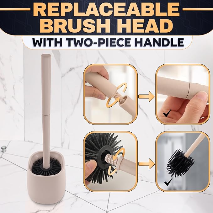 Toilet Brush and Holder Set - Silicone Toilet Brush Cleaner with Cream Holder Base, Compact Bath Accessory for Small Spaces - Easy to Place & Simple to Store After Use, Plastic Bathroom Cleaning Tool