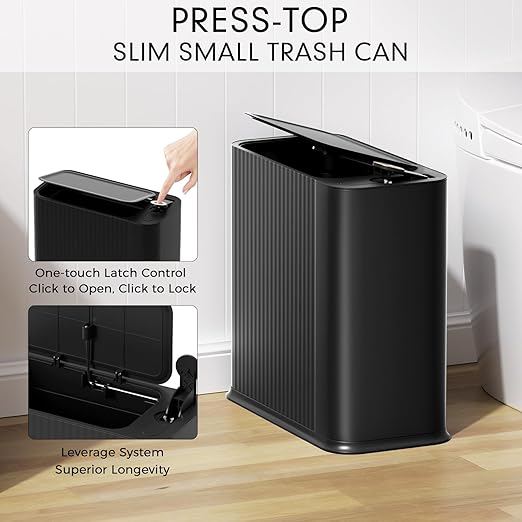 Bathroom Trash Can with Lid 13 Liter/ 3.5 Gallon Black Trash Can with Pop-Up Lid Bedroom Trash Can Small Garbage Can with 150 Counts Trash Bags for Small Bathroom Bedroom Office