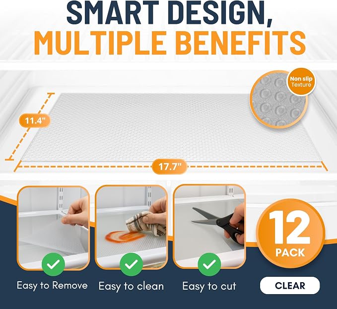 Refrigerator Liners for Shelves (12 Pack) by Linda’s Essentials - Non-Adhesive Shelf or Drawer Liner, BPA-Free Fridge Mats for Kitchen & Cabinets, Easy to Clean, Ideal Household Essentials (Clear)