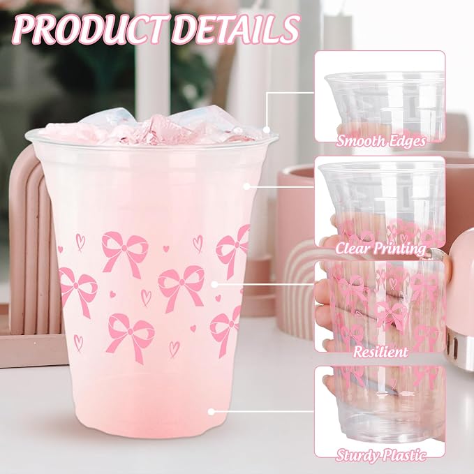 FYSUIMU 100Pcs Pink Bow Disposable Plastic Cups 12Oz Lovely Ribbon Bow Cold Beverage Drinking Cup for Wedding Birthday Bridal Shower Bachelorette Party Supplies