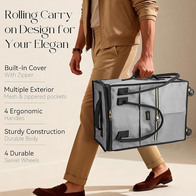Reusable Grocery Bag on Wheels, Foldable Rolling Duffle Bag, Carry on Luggage Bag with Handle and Zipper Cover for Travel, Lightweight Rolling Tote Shopping Carts (Matte-Grey, Small_41L)