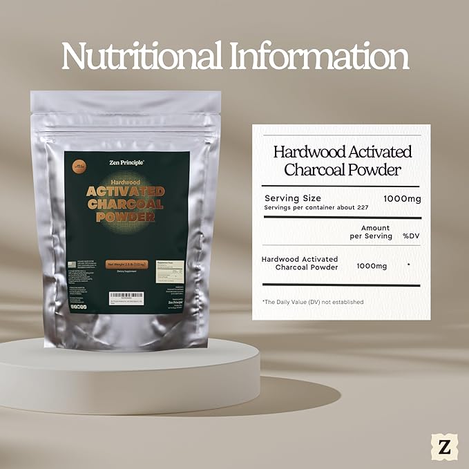 Zen Principle Hardwood Activated Charcoal Powder 100 Percent from USA Trees. All Natural. Whitens Teeth, Rejuvenates Skin and Hair, Supports Better Digestion, 8 oz.