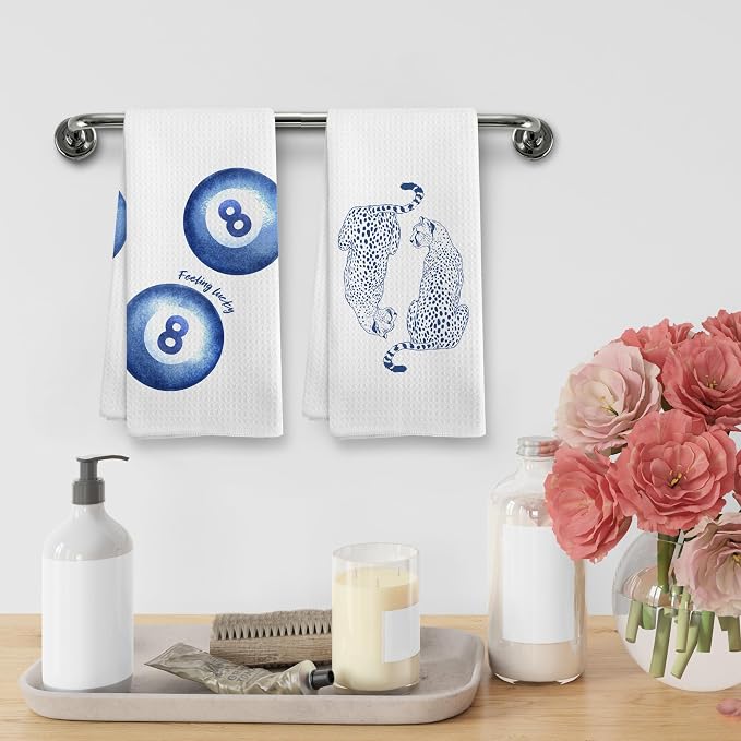 Trendy Leopard Cheetah Print Lucky 8 Ball Bathroom Room Decor, Preppy Blue Leopard Decor Dish Hand Tea Towels for Bathroom Kitchen Sets of 2, Cheetah Kitchen Towels and Dishcloths, 16x24 Inch