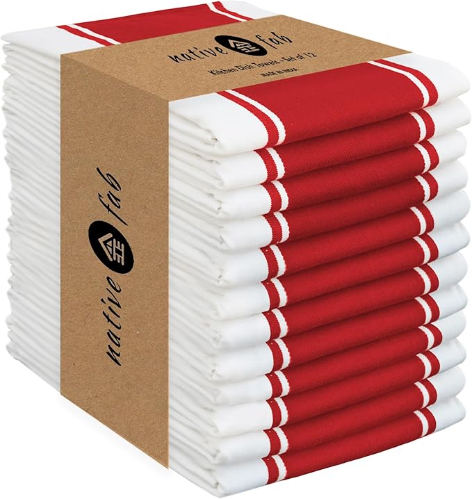 Native Fab Red Kitchen Dish Towels 18x28 Inch, Set of 12, Wide Stripe, Super Absorbent, Fast Dry, Soft, 100% Cotton Towels for Wiping Hands, Drying Dishes, Cleaning Spills Dish Cloths Set - Red
