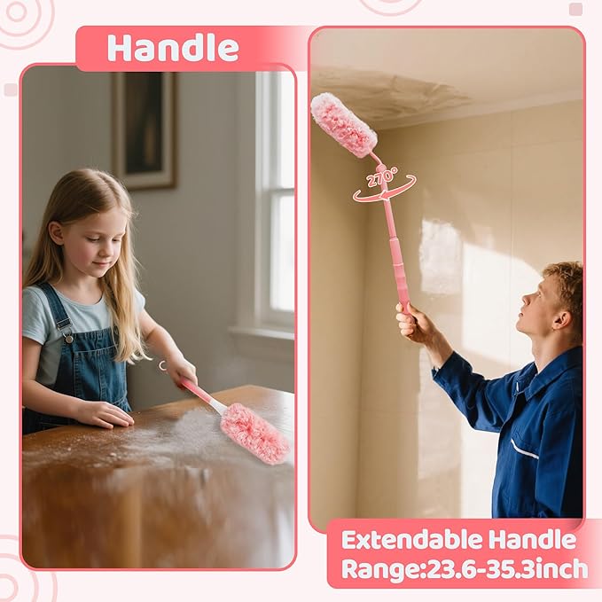 360° Dusters Refills for Cleaning - 100 Count Disposable Feather Duster Kit with 2 Handles, Multi-Surface Microfiber Feather Dusting Cleaner for Furniture Blinds Windows Ceiling Fans (Pink)