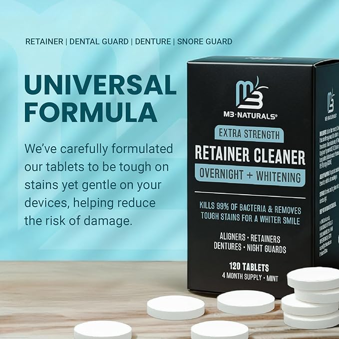 Overnight + Whitening Retainer Cleaner, Remove Stains, Discoloration, and Plaque | 4 Month Supply | Denture Cleanser with Whitening Boost,120 Tablets by M3