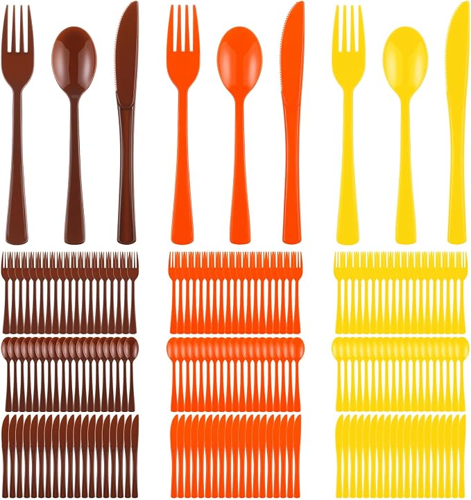 Minatee 180 Pcs Plastic Silverware Heavy Duty Cutlery Sets Disposable Utensils for Holiday Birthday Themed Party Supplies, 60 of Each Forks Knives Spoons(Brown,Orange,Yellow)