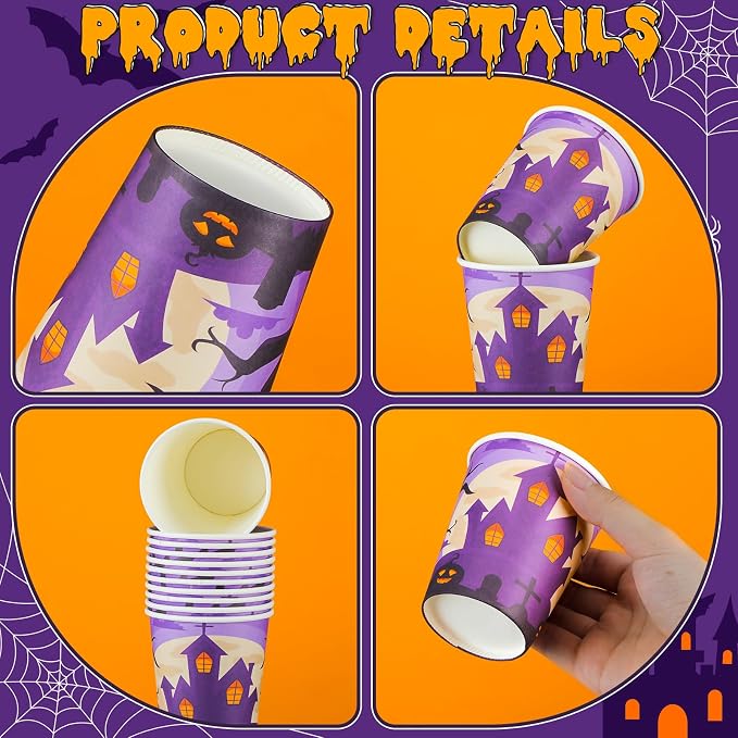 Qeeenar 240 Pcs 9 oz Halloween Disposable Paper Cups, Witch Design, Cylindrical Shape, Hot Drinks, Purple & Orange Colors, Halloween Party Supplies