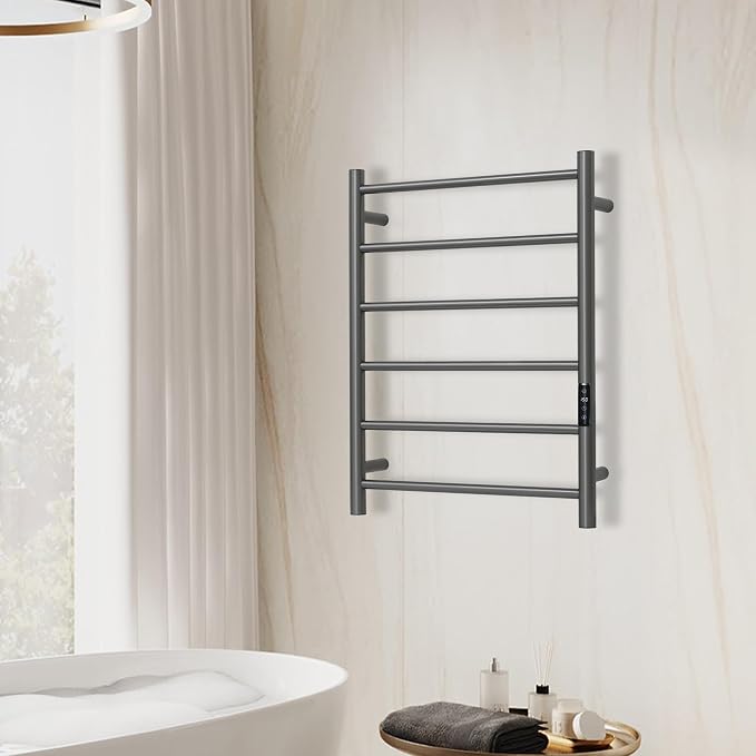 Electric Towel Rack with Voice Control for Alexa & Google Home,TUYA - Wall-Mounted Bathroom Heating Towel Warmer,Plug-in,Stainless Steel Material (Gungrey with WiFi, 6 Bar)