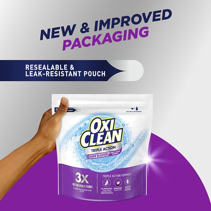 OxiClean Triple Action Odor and Stain Remover Powder, Use with Detergent, Eliminates Tough Odors and Removes Stains, Color Safe and Chlorine Free, 4 lbs (Pack of 2)
