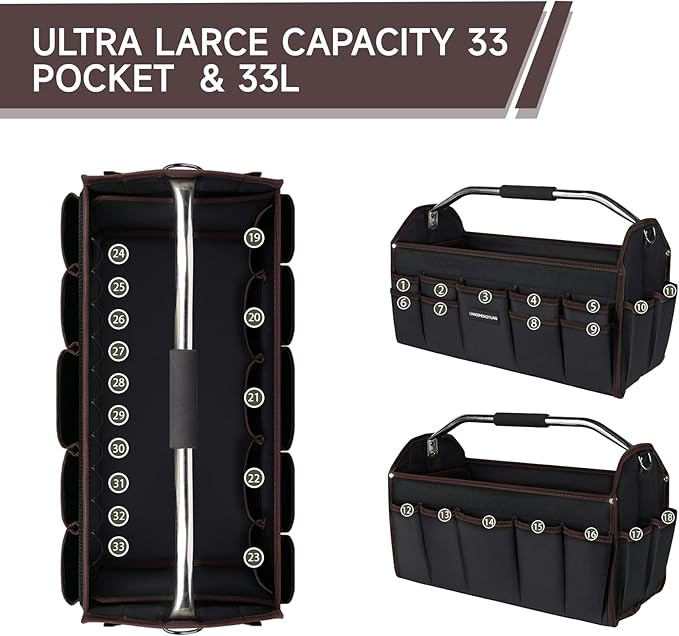 20 In Tool Carrier, Open Top Tool Tote 30 Pockets, Waterproof Tool Bag For Men, Foldable Wide Mouth Electricians Tool Bag, With Stainless Steel Handle and Removable Shoulder Strap