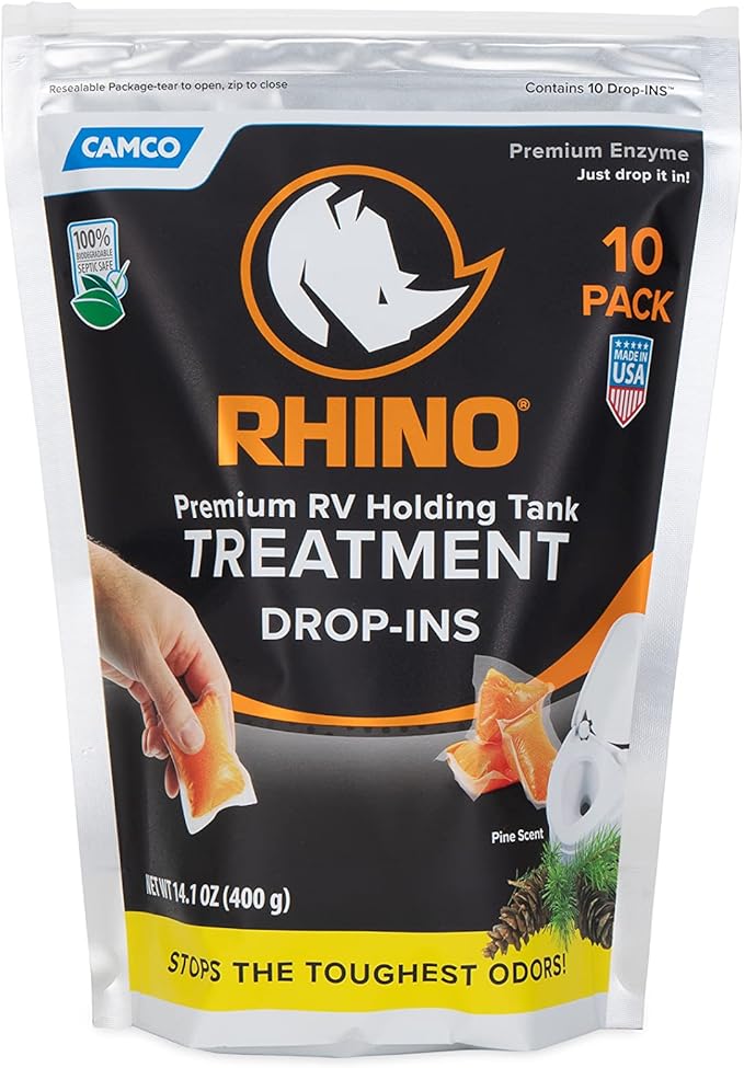 Camco RhinoFLEX Premium Enzyme RV Holding Tank Treatment Drop-INs | Features a Biodegradable Septic Safe Formula, a Pine Scent, and is Ideal for RVing, Boating, and More | 10 Count (41519)